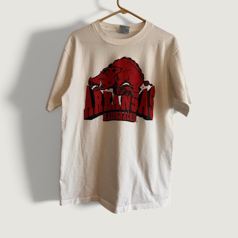 Vintage Arkansas Razorbacks Shirt Mens Large White Red NCAA Football All Sport